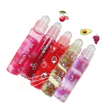 Four colorful fruit lip oil bottles with fruity designs, offering hydration and shine for soft, smooth lips.