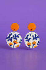 Unisex Boho Circle Dangle Earrings Blue Orange Floral Polymer Clay