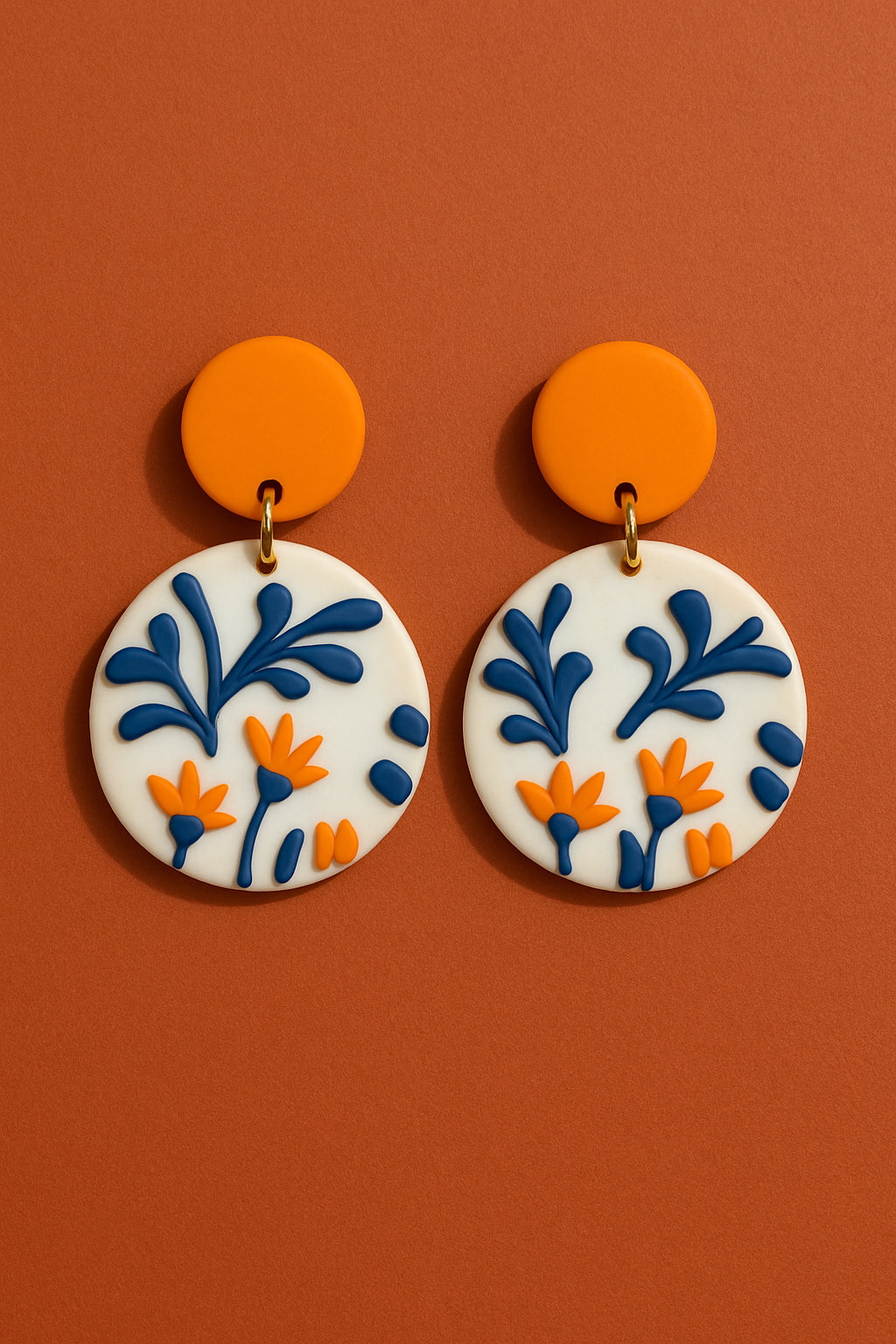 Unisex Boho Circle Dangle Earrings Blue Orange Floral Polymer Clay