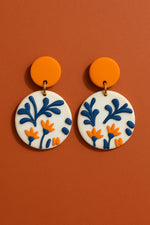 Unisex Boho Circle Dangle Earrings Blue Orange Floral Polymer Clay