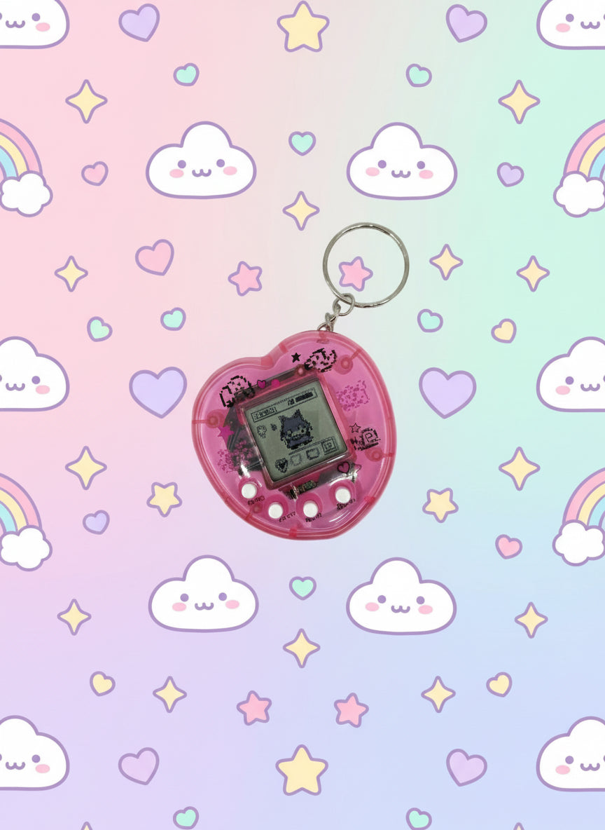 Mini electronic fidget keychain toy on a colorful pastel cloud background.