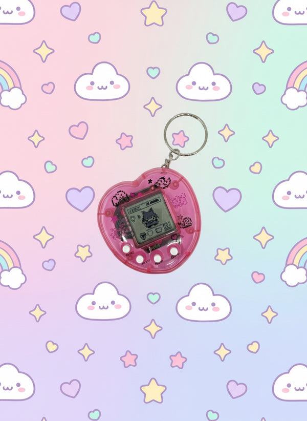 Mini electronic fidget keychain toy on a colorful pastel cloud background.