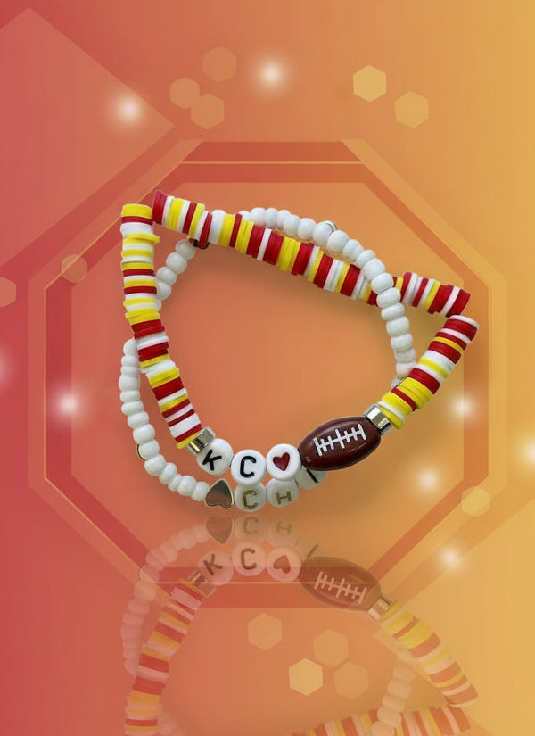 Handmade bead bracelets featuring colorful beads and football charm, perfect for game day and everyday wear.