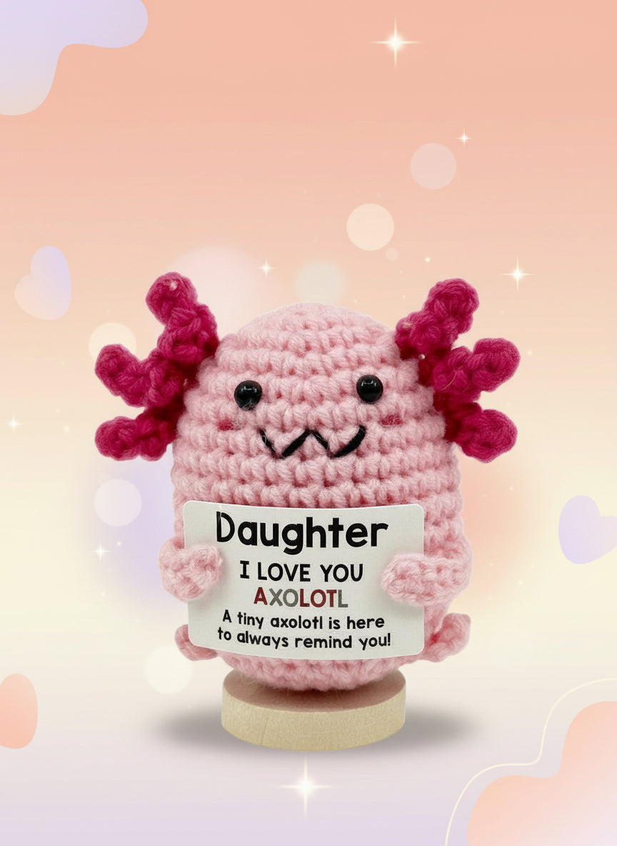Emotional Support Axolotl by Craft-N-Crumble, a cute crochet axolotl with a sign for encouragement and love.