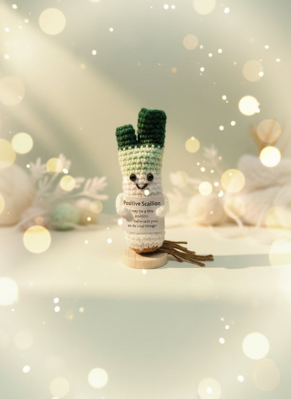 Emotional Support Green Onion Craft-N-Crumble™ crochet plush toy with a cheerful expression and soft yarn.