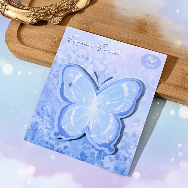 kawaii butterfly sticky notes in pastel blue color with a butterfly design on the packaging, 30 pieces memo pad