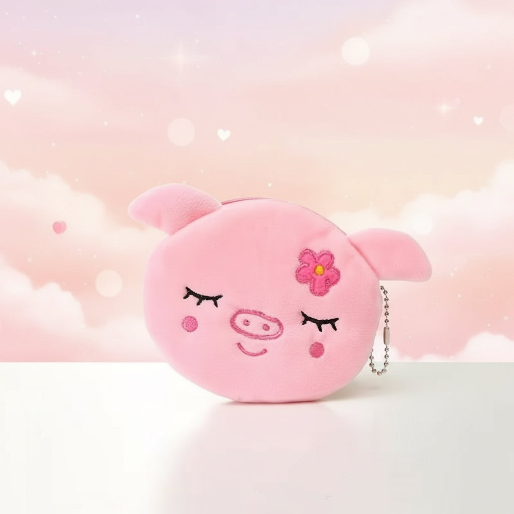 Kawaii pig plush coin purse keychain with cute design, mini zipper pouch for organizing small items.