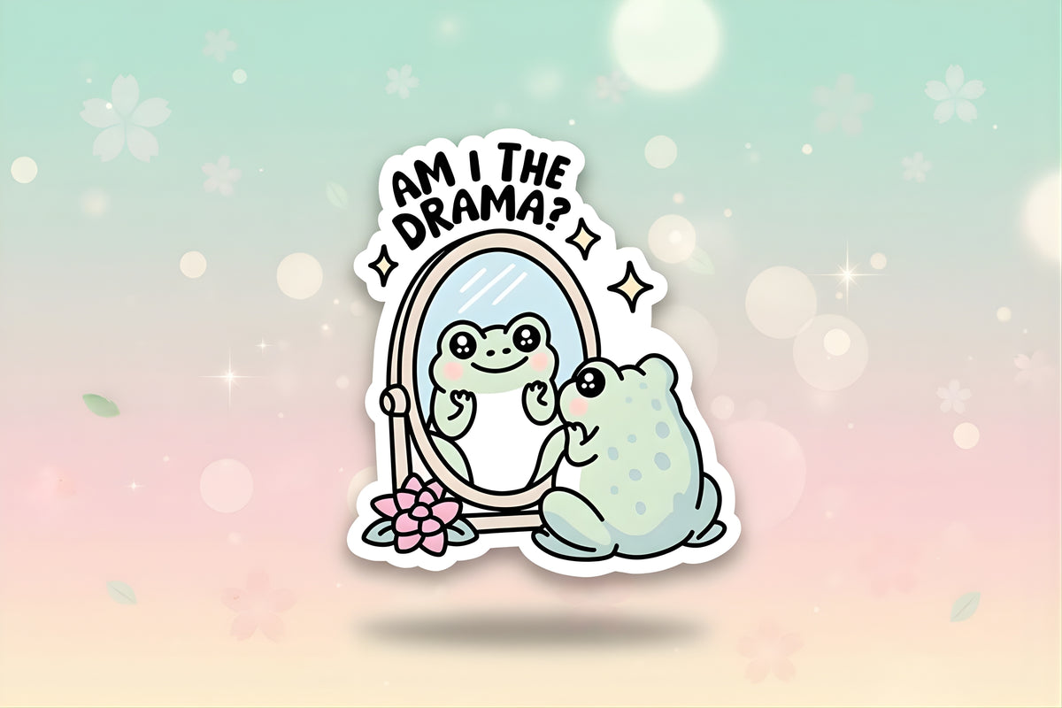 Funny frog sticker featuring cute frog in mirror with text "Am I The Drama?" for laptop or water bottle decoration.