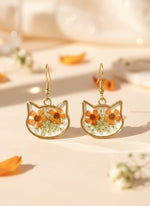 Pressed Flower Cat Earrings – Resin Cat Lover Dangle Jewelry