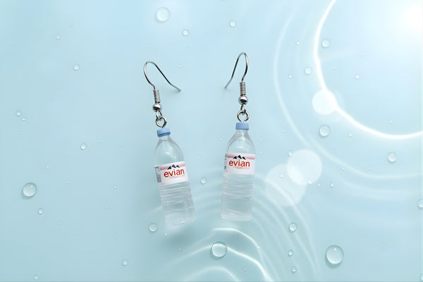 Mini water bottle earrings with Evian charm, fun dangle earrings for hydration fans and quirky accessory lovers.