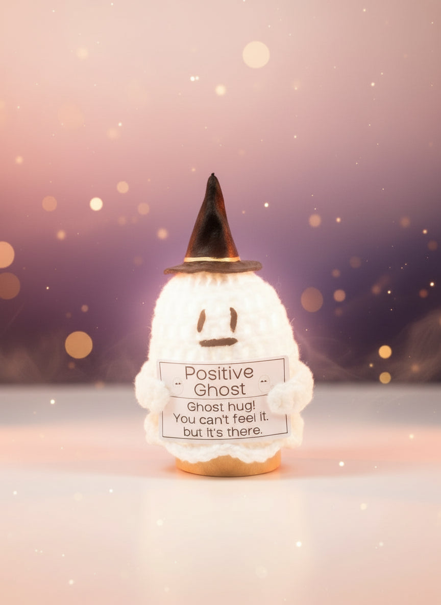 Emotional Support Ghost by Craft-N-Crumble™, a cozy handmade crochet plush with a positive message for comfort.