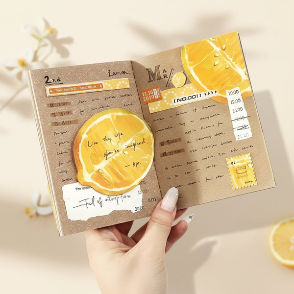Lemon sticky notes adorning a planner page, featuring vibrant yellow lemon illustrations and handwritten reminders.