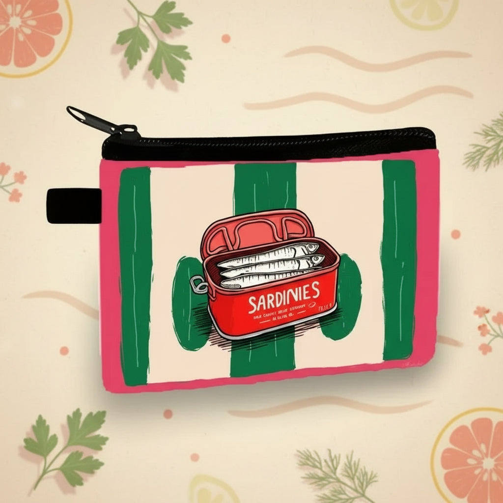 Sardines coin purse in bold green stripe design with sardine illustration, compact mini wallet for coins and cards.