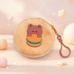 Plush coin purse keychain featuring a cute bear holding a burger design, perfect for coins and AirPods.