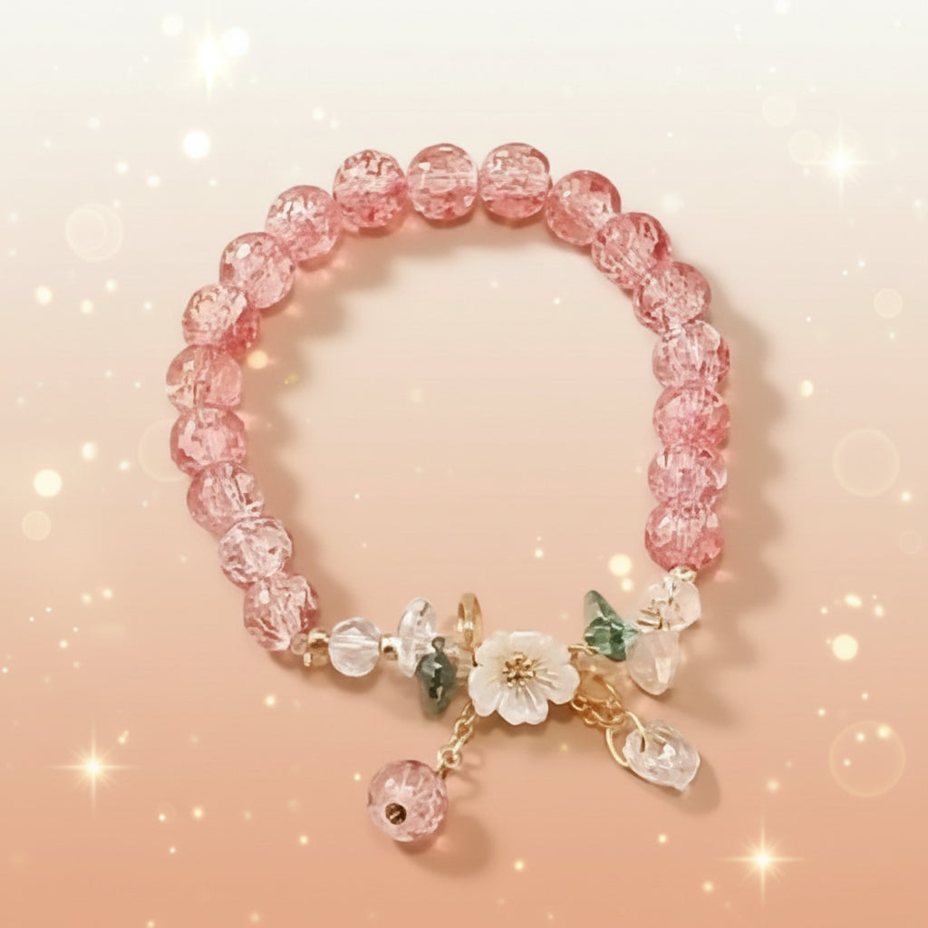Floral crystal beaded bracelet featuring pink beads and floral accents for a vintage-inspired look.
