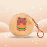 Plush coin purse keychain featuring a cute bear holding a burger, perfect for storing small essentials.