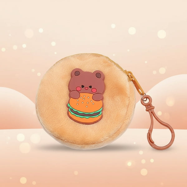 Plush coin purse keychain featuring a cute bear holding a burger, perfect for storing small essentials.