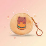 Plush coin purse keychain with a cute bear design holding a hamburger, perfect for storing small essentials.