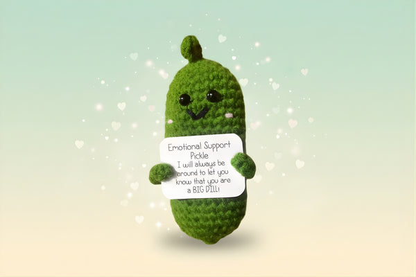 Emotional Support Pickle plush toy with a smile, holding a sign that says you're a big dill, ideal for gifting.