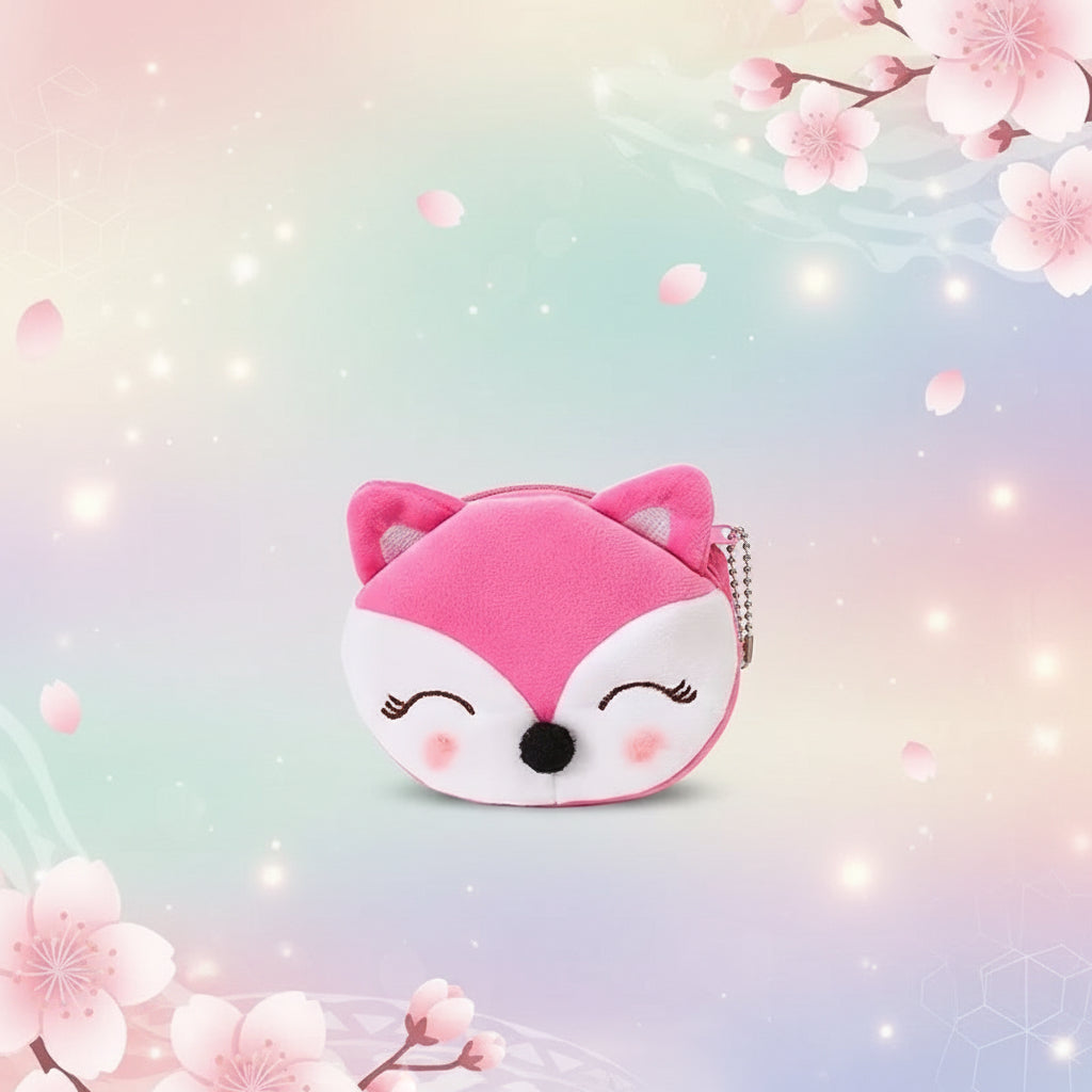 Kawaii fox plush coin purse keychain in rose red color, soft mini zipper pouch for carrying small essentials.