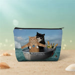 Funny cat makeup bag with double cat design, featuring two cats in a boat, perfect for cat lovers.