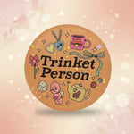 Trinket Person Kawaii Vinyl Stickers featuring cute chibi characters and playful designs on a vibrant background.