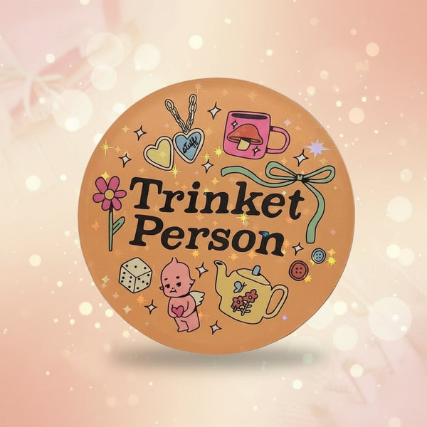 Trinket Person Kawaii Vinyl Stickers featuring cute chibi characters and playful designs on a vibrant background.