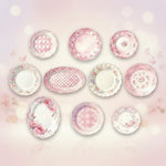 Ceramic plate sticky notes design featuring pastel patterned plates arranged in an artistic layout.