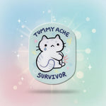 Tummy ache survivor cat sticker featuring a cute kitten design with sparkling background and playful charm.