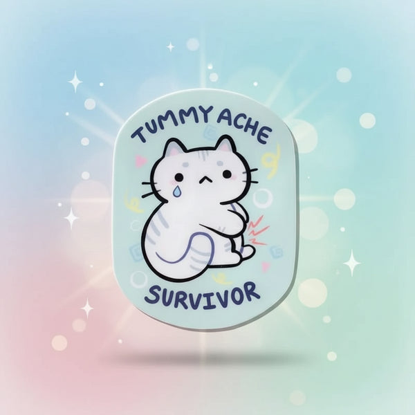 Tummy ache survivor cat sticker featuring a cute kitten design with sparkling background and playful charm.