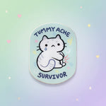 Tummy ache survivor cat sticker featuring an adorable kitten design with a humorous and comforting vibe.