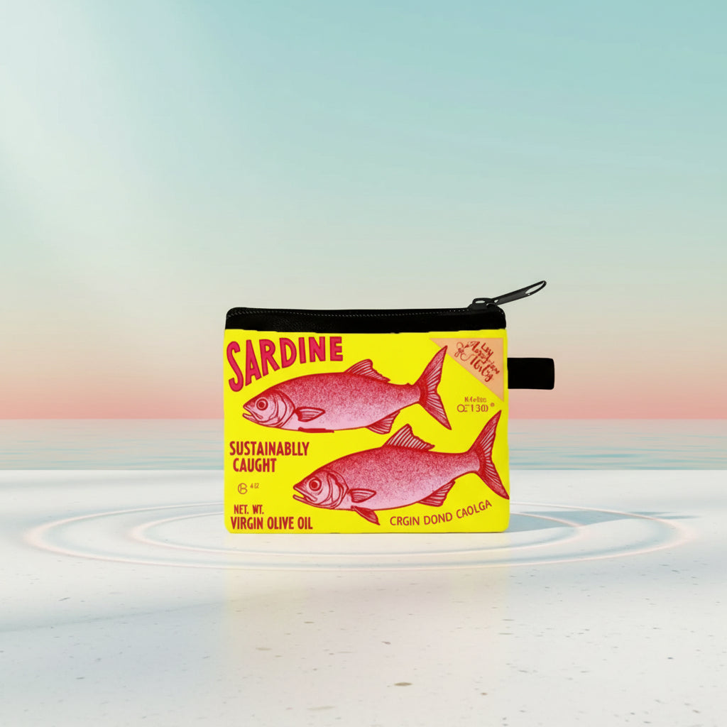 Vintage sardine coin purse featuring bright yellow sardine graphic and zipper closure on a pastel background.