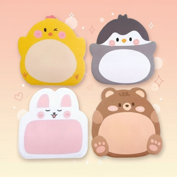 Kawaii sticky notes planner featuring chick, penguin, bunny, and bear designs in vibrant colors, cute stationery.