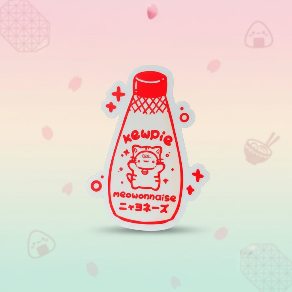 Japanese kawaii red bottle sticker featuring a cute design with Kewpie and meowonnaise text.