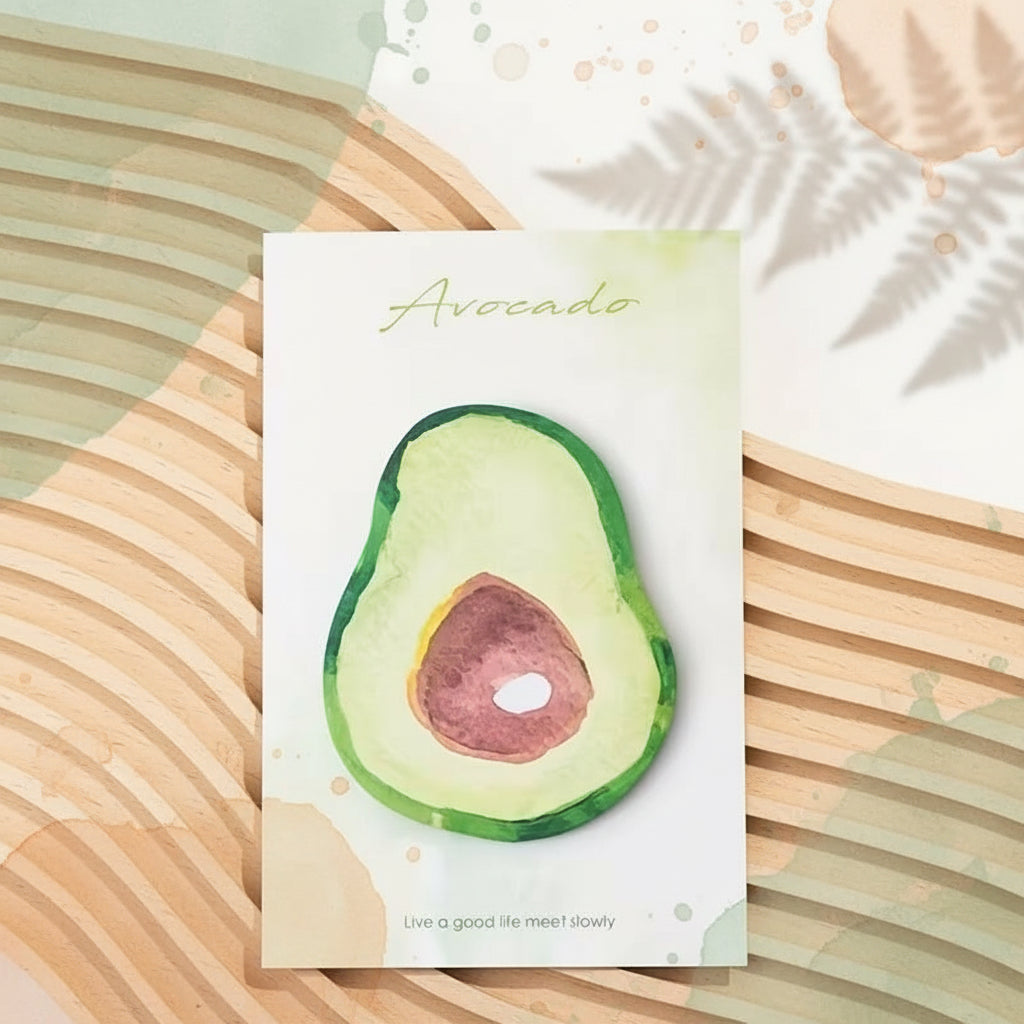 Avocado sticky notes with a green avocado illustration and motivational quote on a pastel background.