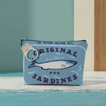 Vintage sardines makeup bag featuring blue original sardines label design and zipper closure.