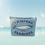 Vintage sardines makeup bag featuring a blue design with "original sardines" label for stylish organization.