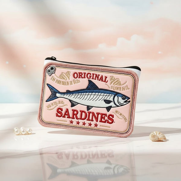 Pink sardines coin purse featuring a retro sardine design and zipper closure, perfect for organizing essentials.