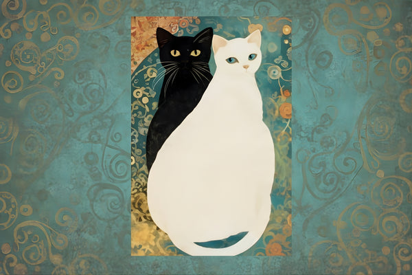 Japanese cat art postcard featuring black and white cats in a vintage ukiyo-e style design.