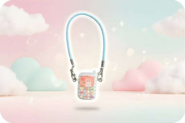 Miniature doll cell phone hanging against a pastel cloud background, perfect for monster dolls and dioramas.