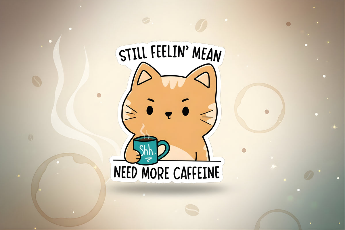 Cat coffee scrapbooking ephemera sticker with a cute cat holding a coffee cup, featuring text about needing more caffeine.