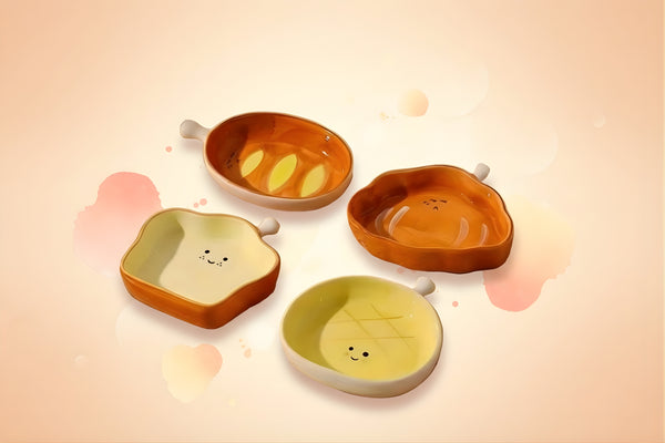Ceramic trinket dish set with cute bread shapes, perfect for rings and jewelry storage.