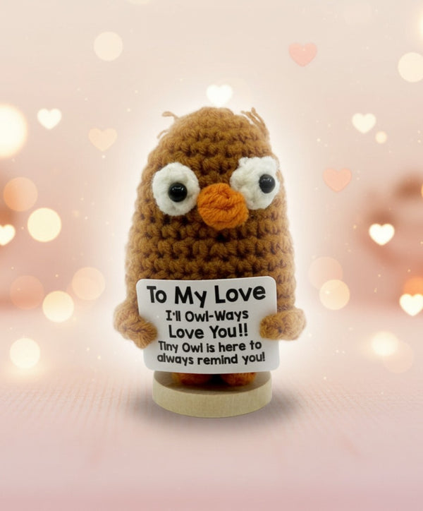 Emotional support owl crochet plush with a stand, holding a love message from Craft-N-Crumble®.