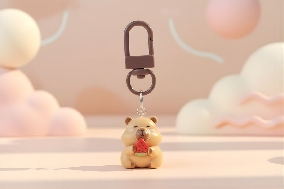 Cute capybara keychain – Cartoon animal bag charm with a capybara holding a watermelon slice.