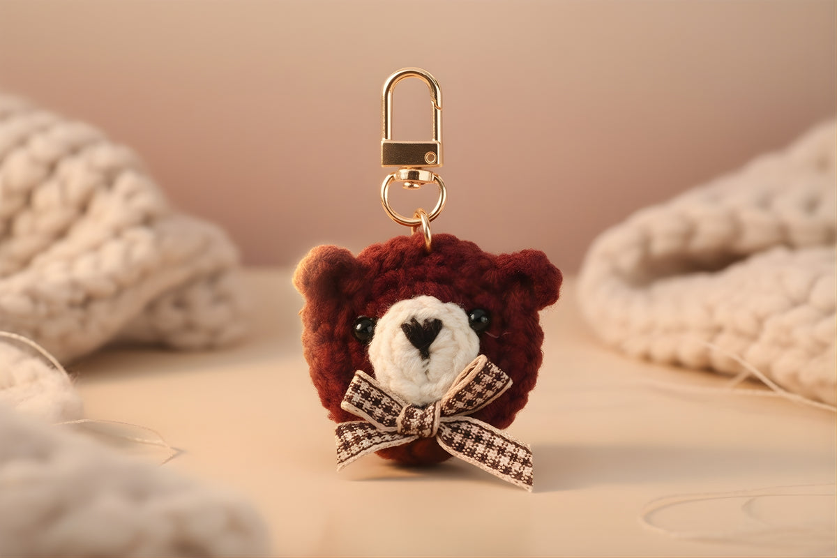 Brown Teddy Bear Plush Keychain With Bow Unisex Accessory