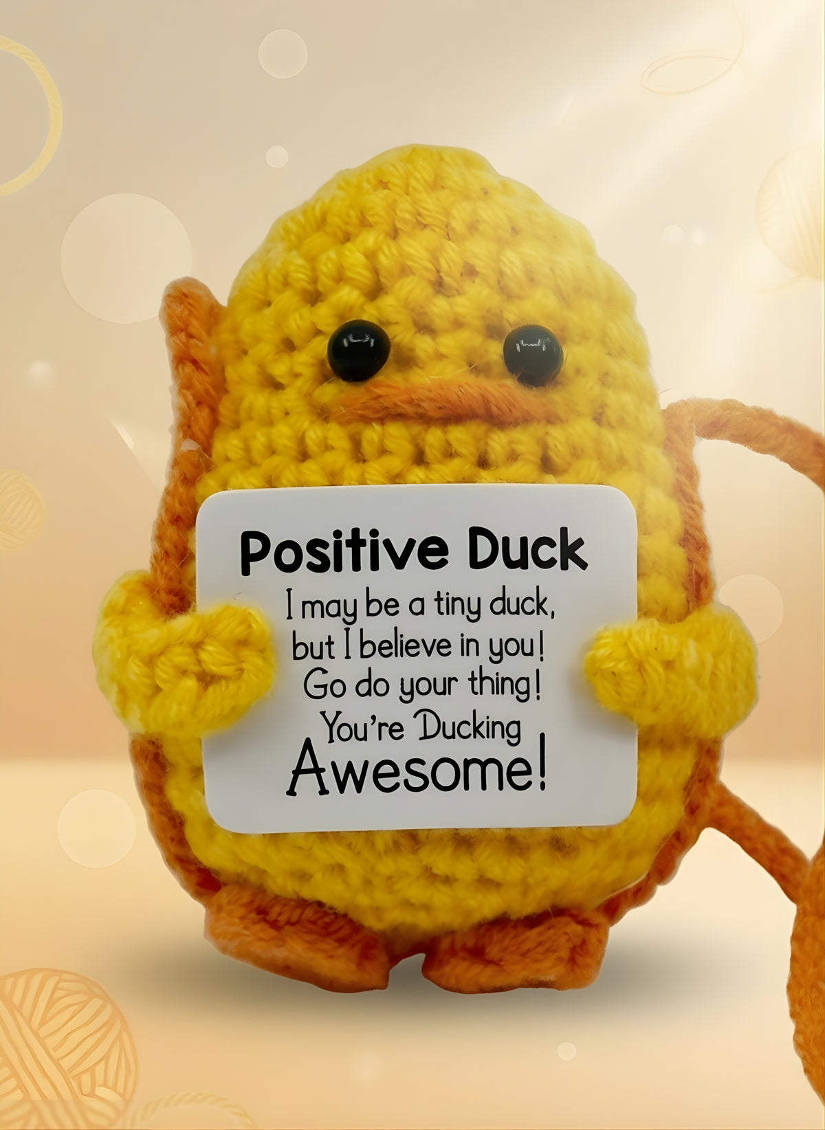 Emotional support hanging duck by Craft-N-Crumble® holding a sign with a positive message.