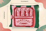 Sardine travel cosmetic bag with tin fish print, stylish and unisex polyester zipper pouch.