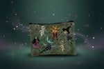 Enchanted forest makeup bag featuring whimsical cats, sun, and floral designs on a dark green background.