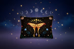 Moth makeup bag featuring celestial butterfly design with moons and stars on a dark background.