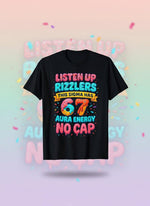 67 number six seven meme t-shirt featuring colorful graphics and humorous text on a black shirt.